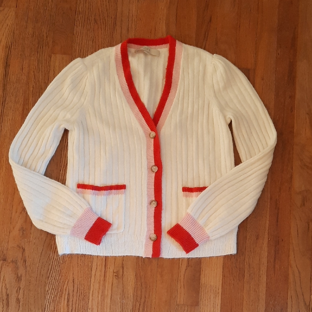 LOFT White Cardigan with Red an Pink Trim